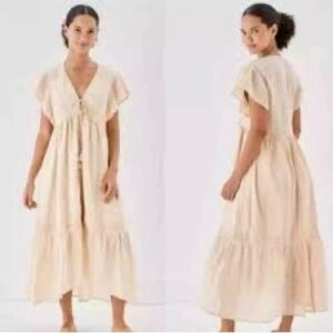 xl american eagle cotton dress beige cream buttons drawstring boho hippie